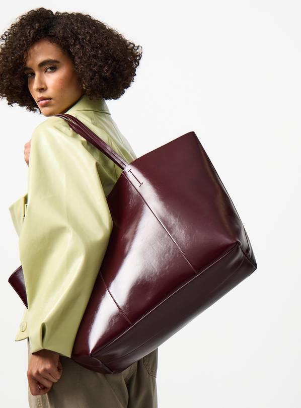 Burgundy High Shine Faux Leather Tote Bag One Size